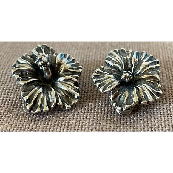 Vintage JPI Sterling Silver Hibiscus Clip On Earrings - Picture 1 of 13